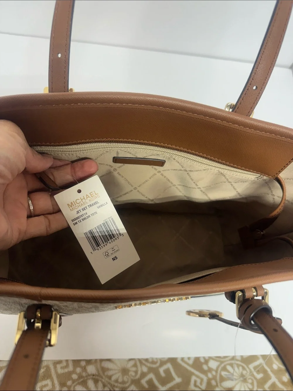 Michael Kors Beige Signature Canvas Tote with Brown Trim